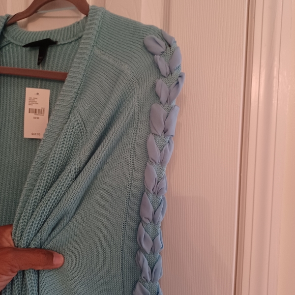 Lane Bryant aqua long cardigan sweater with braided fabric along the sleeves . - Picture 3 of 5